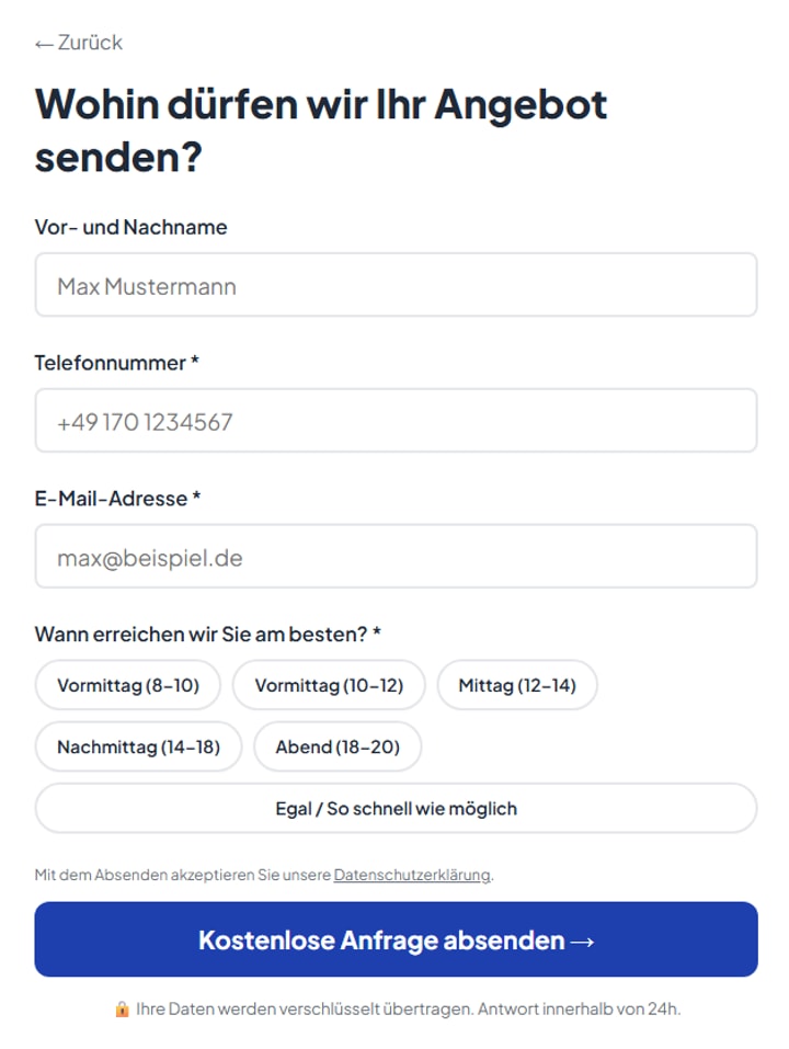 Abschluss des Konfigurators mit Kontaktdaten und Auswahl der besten Erreichbarkeit für den Rückruf