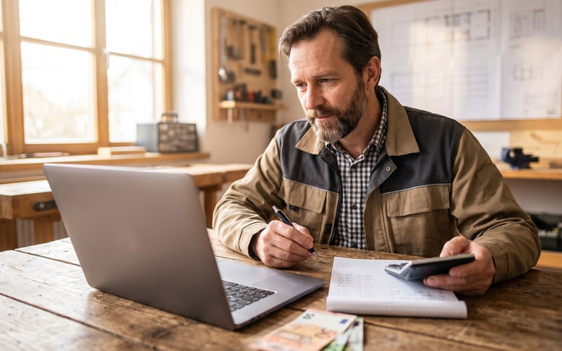 Handwerker rechnet Werbekosten am Laptop durch